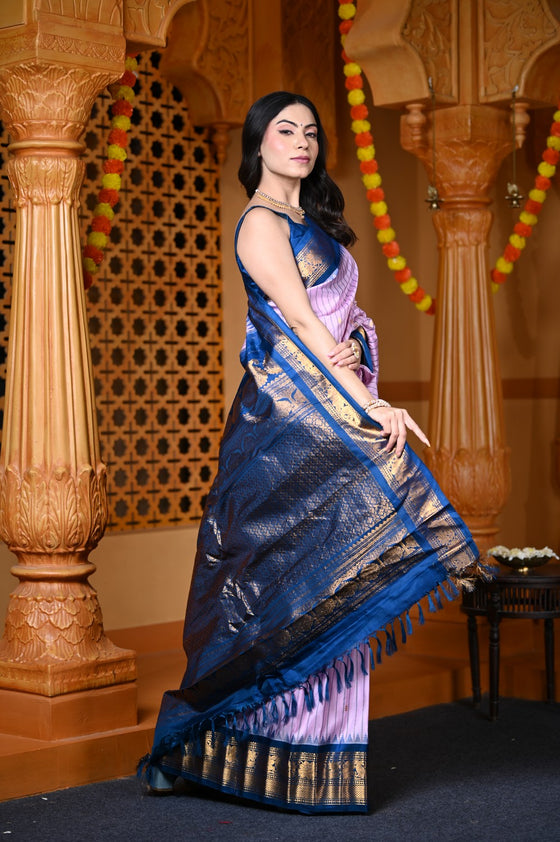 Durva Premium ~ Gadwal Pure Silk Handloom Saree in Lilac and Blue