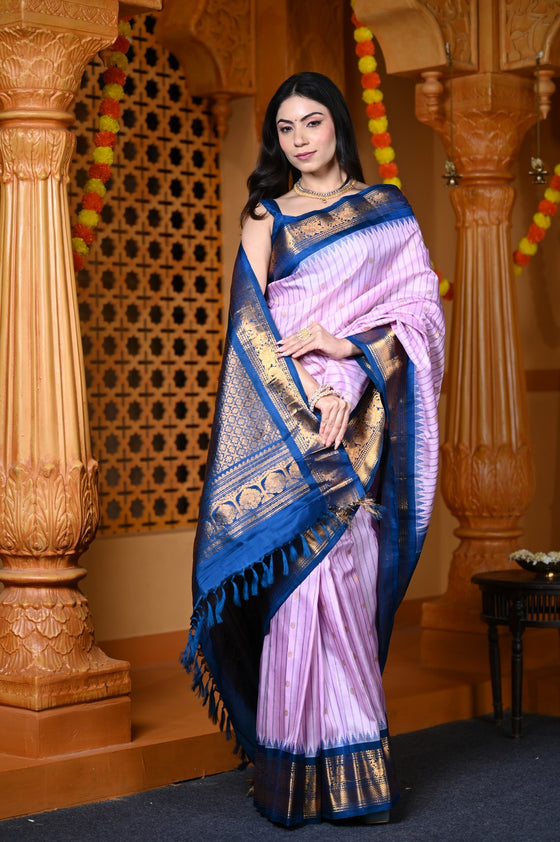 Durva Premium ~ Gadwal Pure Silk Handloom Saree in Lilac and Blue