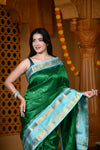 Durva Premium ~ Gadwal Pure Silk Handloom Saree in Royal Green and Sky Blue