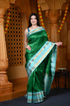 Durva Premium ~ Gadwal Pure Silk Handloom Saree in Royal Green and Sky Blue