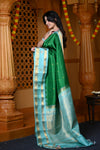 Durva Premium ~ Gadwal Pure Silk Handloom Saree in Royal Green and Sky Blue