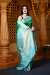 Durva Premium ~ Gadwal Pure Silk Handloom Saree in Royal Green and Sky Blue