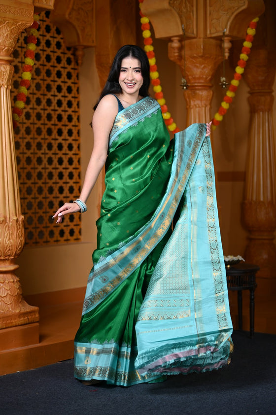 Durva Premium ~ Gadwal Pure Silk Handloom Saree in Royal Green and Sky Blue