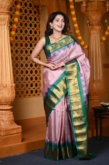  Durva Premium ~ Gadwal Pure Silk Handloom Saree in Pastel Peach and Green