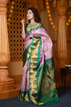 Durva Premium ~ Gadwal Pure Silk Handloom Saree in Pastel Peach and Green