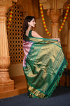 Durva Premium ~ Gadwal Pure Silk Handloom Saree in Pastel Peach and Green