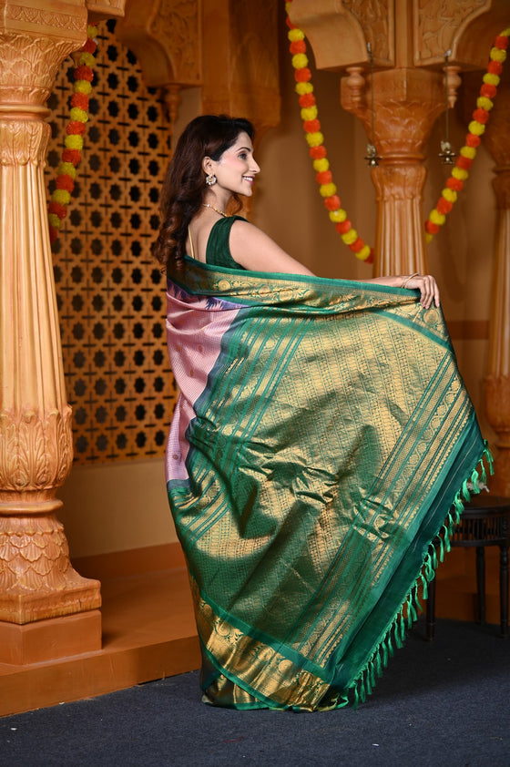 Durva Premium ~ Gadwal Pure Silk Handloom Saree in Pastel Peach and Green