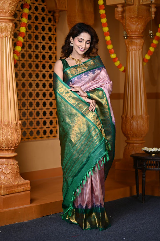 Durva Premium ~ Gadwal Pure Silk Handloom Saree in Pastel Peach and Green
