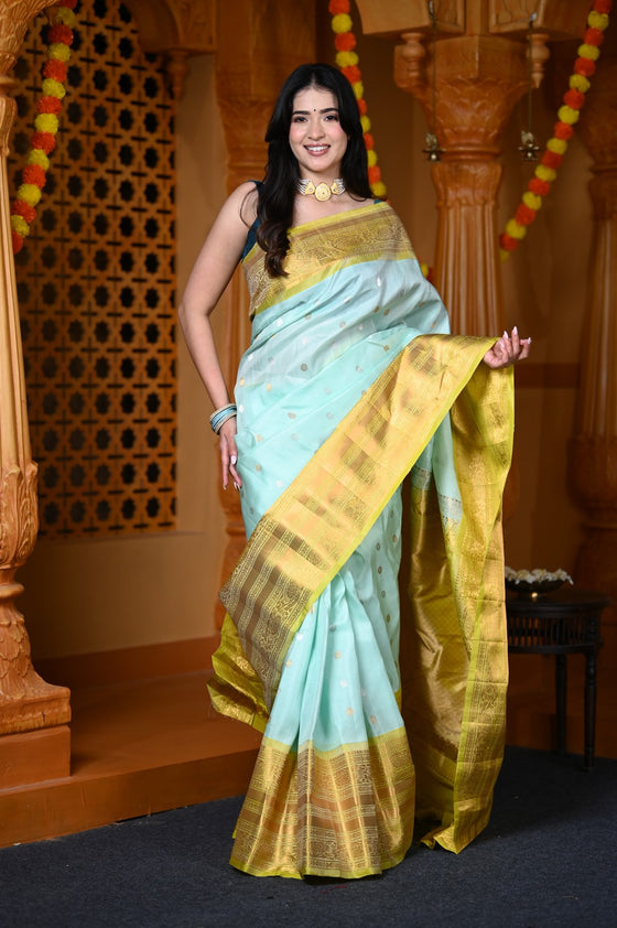 Durva Premium ~ Gadwal Pure Silk Handloom Saree in Sea Green and Yellow