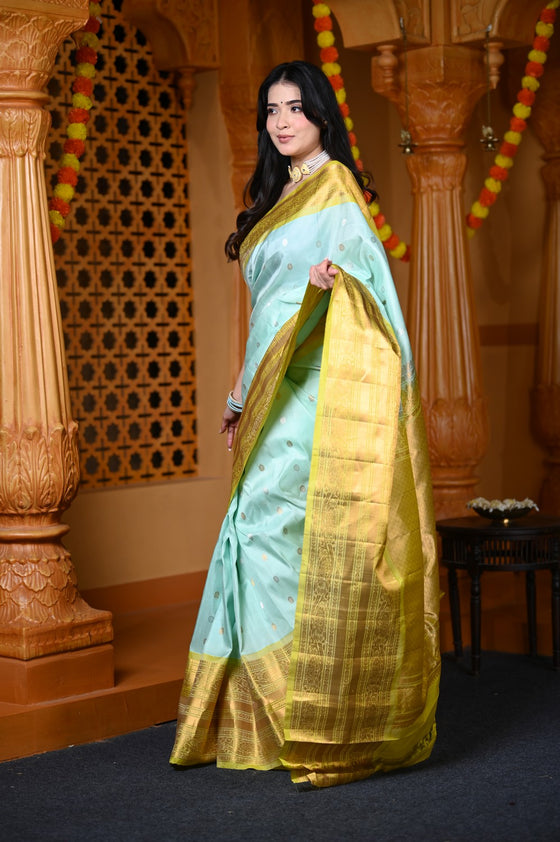Durva Premium ~ Gadwal Pure Silk Handloom Saree in Sea Green and Yellow