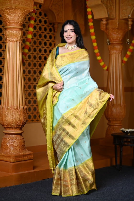 Durva Premium ~ Gadwal Pure Silk Handloom Saree in Sea Green and Yellow