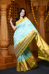 Durva Premium ~ Gadwal Pure Silk Handloom Saree in Sea Green and Yellow