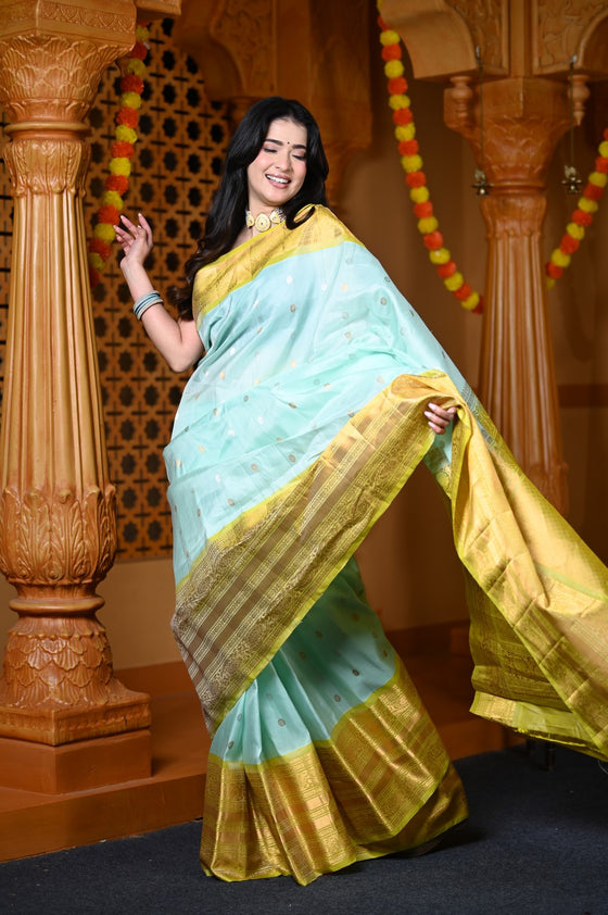 Durva Premium ~ Gadwal Pure Silk Handloom Saree in Sea Green and Yellow