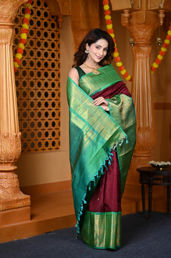 Durva Premium ~ Gadwal Pure Silk Handloom Saree in Maroon and Leaf Green