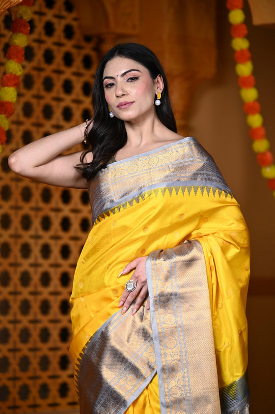 Durva Premium ~ Gadwal Pure Silk Handloom Saree in Yellow and Light Blue