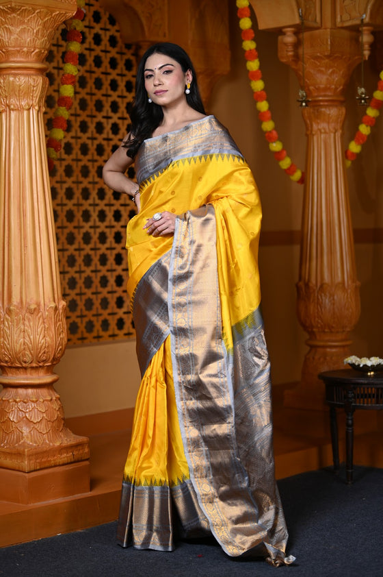 Durva Premium ~ Gadwal Pure Silk Handloom Saree in Yellow and Light Blue
