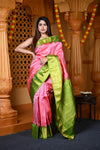 Durva Premium ~ Gadwal Pure Silk Handloom Saree in Peach Pink and Leaf Green