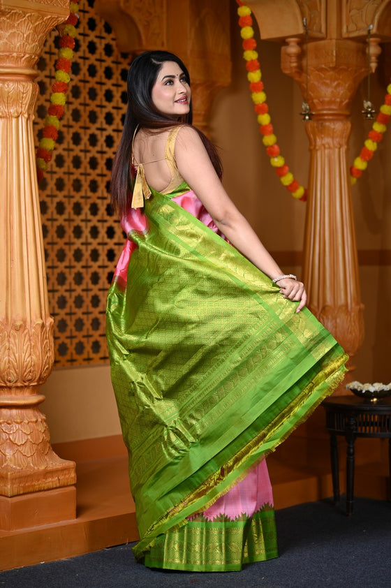 Durva Premium ~ Gadwal Pure Silk Handloom Saree in Peach Pink and Leaf Green