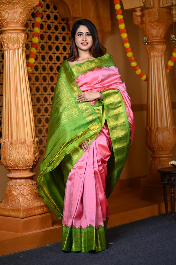 Durva Premium ~ Gadwal Pure Silk Handloom Saree in Peach Pink and Leaf Green