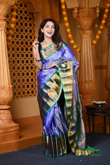  Durva Premium ~ Gadwal Pure Silk Handloom Saree in Marine Blue with Dark Green