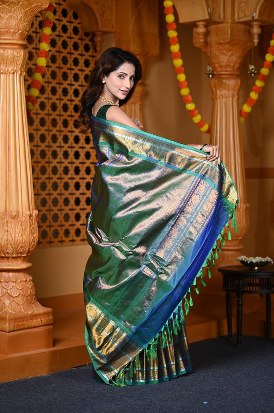 Durva Premium ~ Gadwal Pure Silk Handloom Saree in Marine Blue with Dark Green