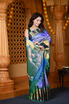 Durva Premium ~ Gadwal Pure Silk Handloom Saree in Marine Blue with Dark Green