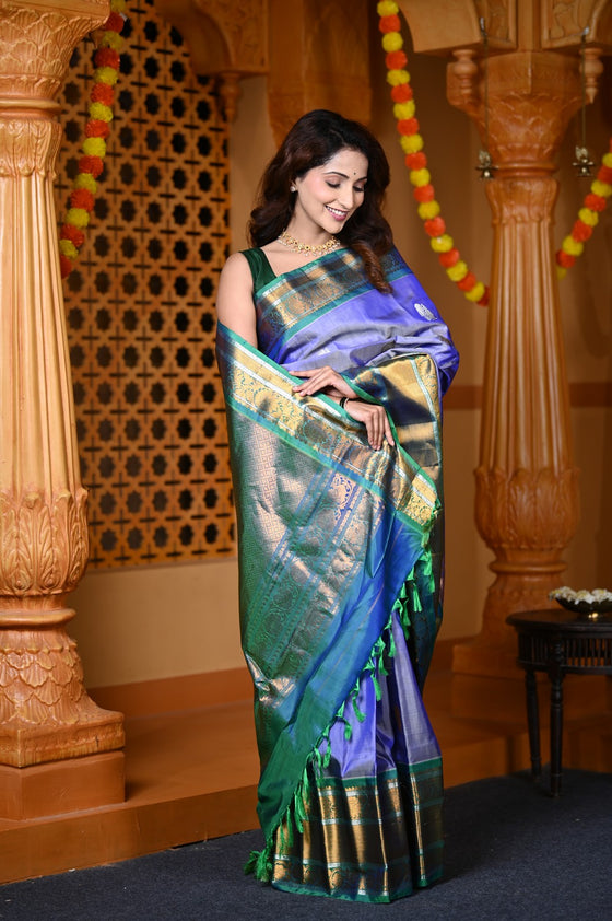 Durva Premium ~ Gadwal Pure Silk Handloom Saree in Marine Blue with Dark Green