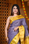 Durva Premium ~ Gadwal Pure Silk Handloom Saree in Checkerds Lilac with Yellow