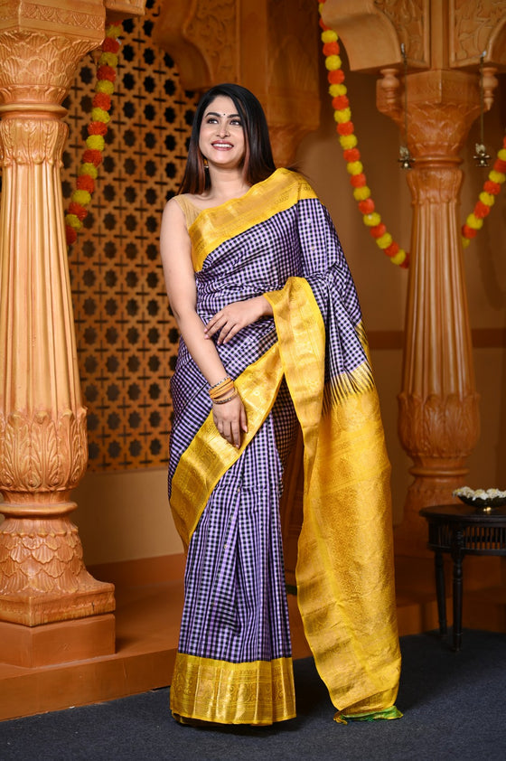 Durva Premium ~ Gadwal Pure Silk Handloom Saree in Checkerds Lilac with Yellow