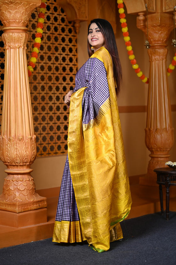 Durva Premium ~ Gadwal Pure Silk Handloom Saree in Checkerds Lilac with Yellow
