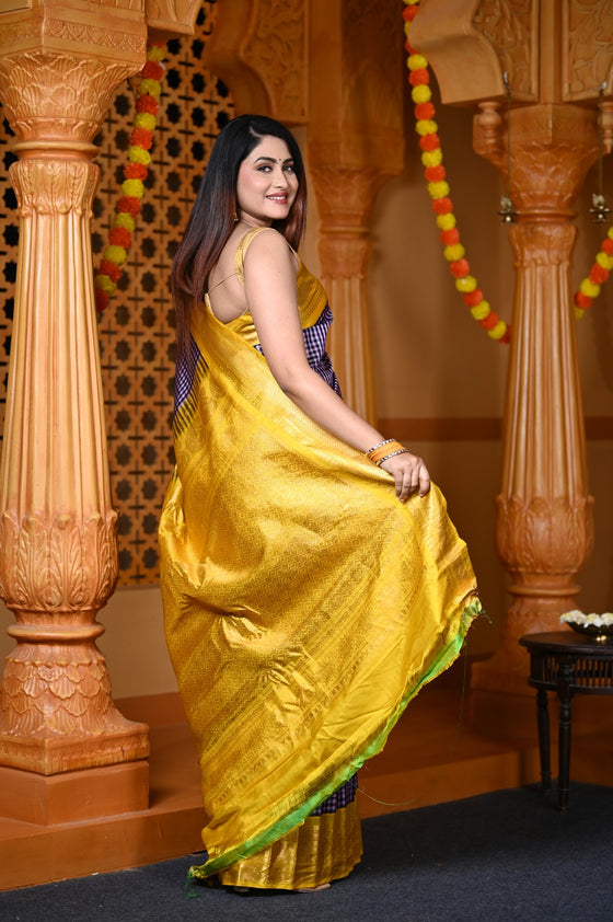 Durva Premium ~ Gadwal Pure Silk Handloom Saree in Checkerds Lilac with Yellow