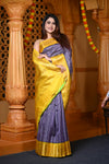 Durva Premium ~ Gadwal Pure Silk Handloom Saree in Checkerds Lilac with Yellow