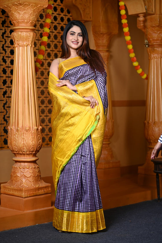 Durva Premium ~ Gadwal Pure Silk Handloom Saree in Checkerds Lilac with Yellow