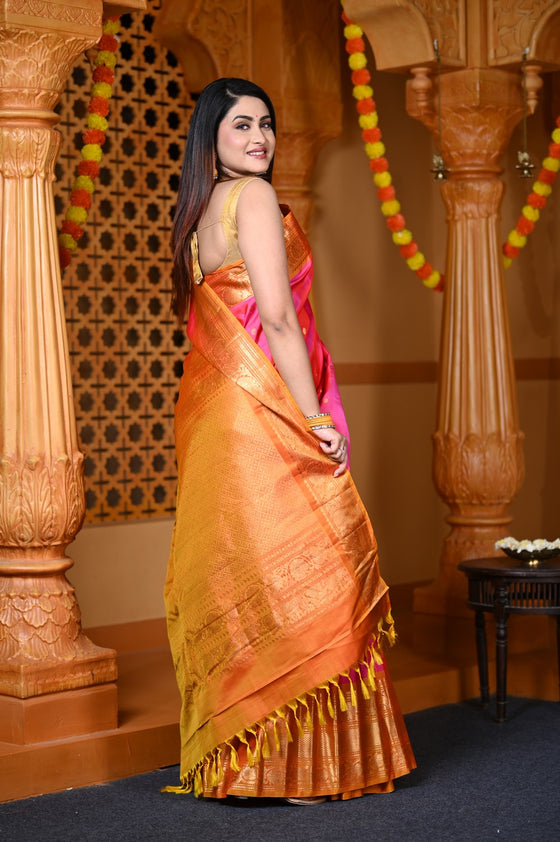 Durva Premium ~ Gadwal Pure Silk Handloom Saree in Rani Pink and Orange