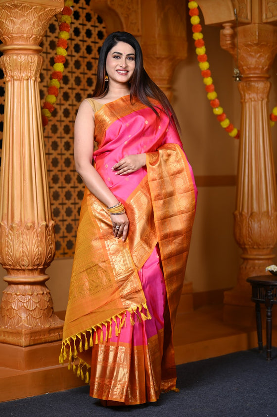 Durva Premium ~ Gadwal Pure Silk Handloom Saree in Rani Pink and Orange