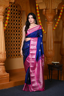  Durva Premium ~ Gadwal Pure Silk Handloom Saree in Royal Blue and Pink