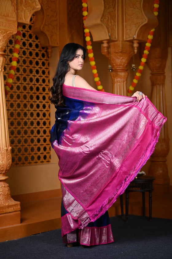 Durva Premium ~ Gadwal Pure Silk Handloom Saree in Royal Blue and Pink