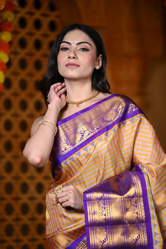 Durva Premium ~ Gadwal Pure Silk Handloom Saree in Orange Checkerds with Purple
