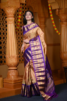  Durva Premium ~ Gadwal Pure Silk Handloom Saree in Orange Checkerds with Purple