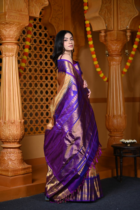 Durva Premium ~ Gadwal Pure Silk Handloom Saree in Orange Checkerds with Purple