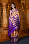 Durva Premium ~ Gadwal Pure Silk Handloom Saree in Orange Checkerds with Purple