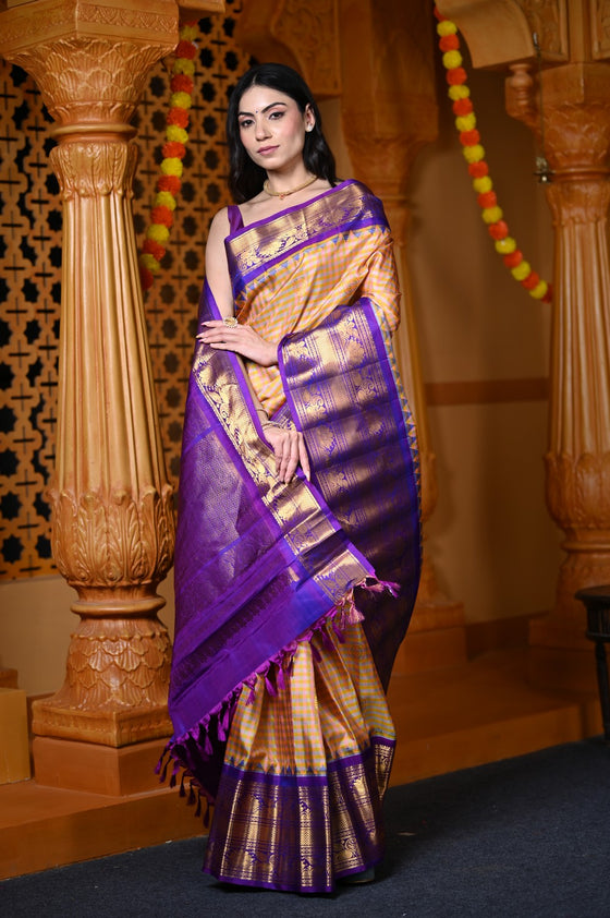 Durva Premium ~ Gadwal Pure Silk Handloom Saree in Orange Checkerds with Purple