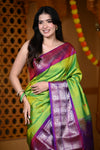 Durva Premium ~ Gadwal Pure Silk Handloom Saree in Leaf Green and Purple