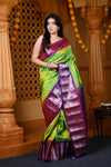 Durva Premium ~ Gadwal Pure Silk Handloom Saree in Leaf Green and Purple