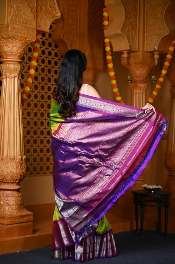 Durva Premium ~ Gadwal Pure Silk Handloom Saree in Leaf Green and Purple