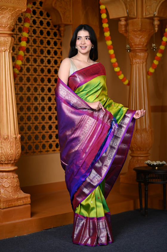 Durva Premium ~ Gadwal Pure Silk Handloom Saree in Leaf Green and Purple