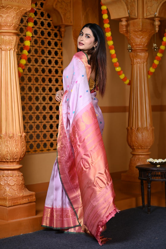 Durva Premium ~ Gadwal Pure Silk Handloom Saree in Blush Lilac and Rouge Pink