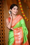 Durva Premium ~ Gadwal Pure Silk Handloom Saree in Parrot Green and Sapphire Orange