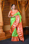 Durva Premium ~ Gadwal Pure Silk Handloom Saree in Parrot Green and Sapphire Orange