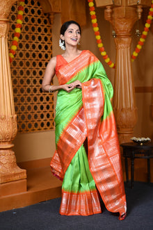  Durva Premium ~ Gadwal Pure Silk Handloom Saree in Parrot Green and Sapphire Orange